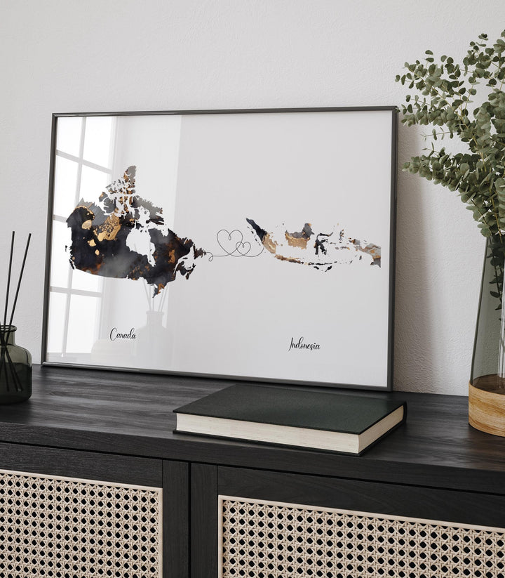 Canada and Indonesia Map Black & Gold Travel Wall Art Print | Canadian | Minimalist Decor | International Travel Art