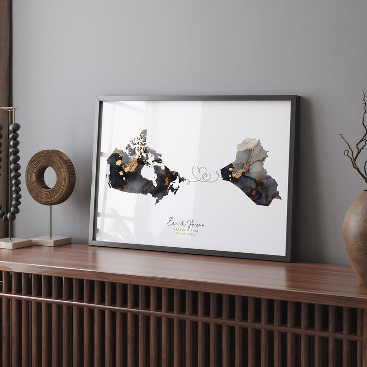 Canada and Iraq Map Black & Gold Travel Wall Art Print | Canadian | Minimalist Decor | International Travel Art