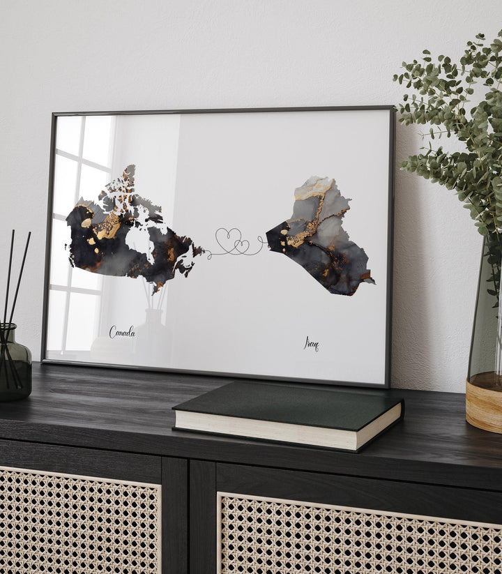 Canada and Iraq Map Black & Gold Travel Wall Art Print | Canadian | Minimalist Decor | International Travel Art
