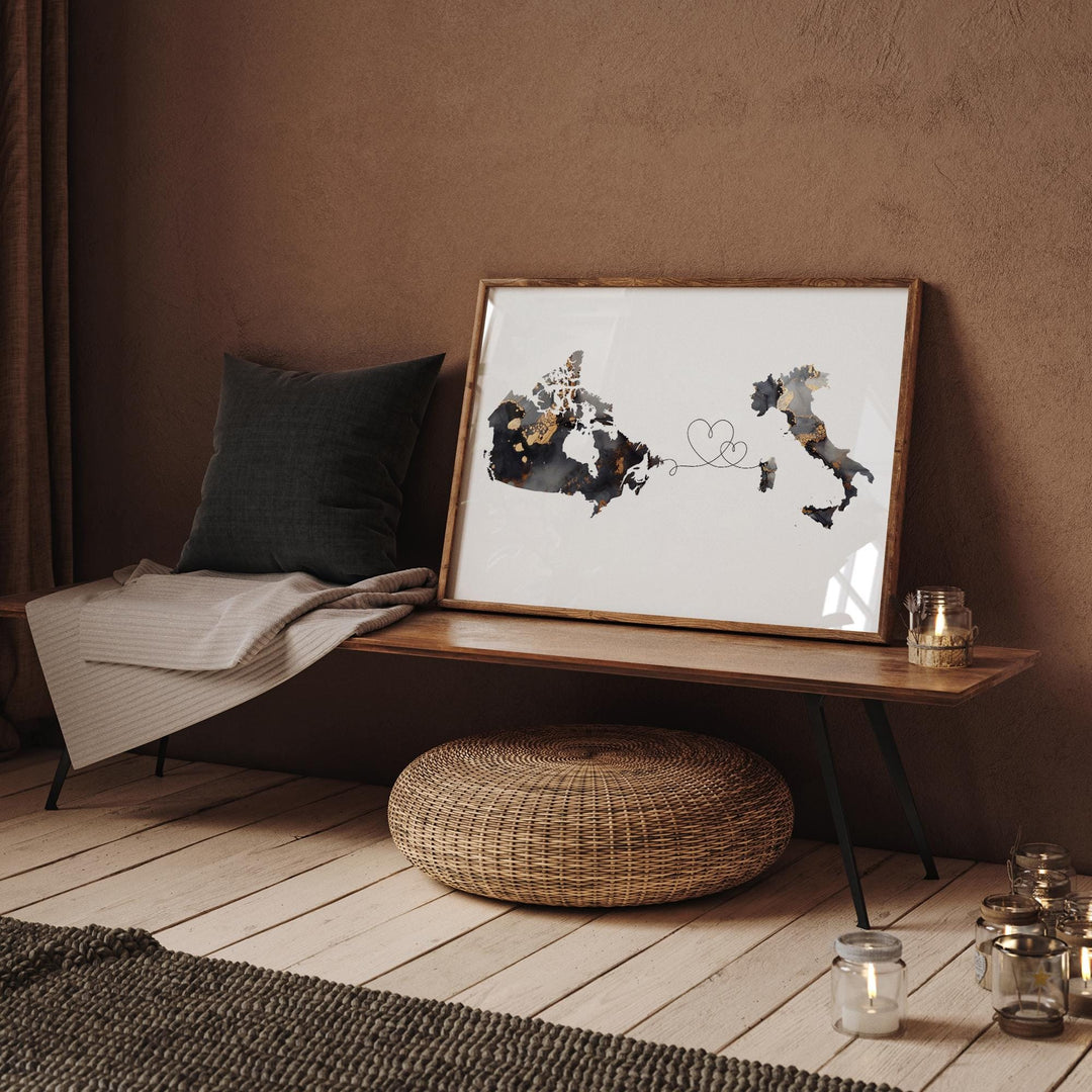 Canada and Italy Map Black & Gold Travel Wall Art Print | Canadian | Minimalist Decor | International Travel Art