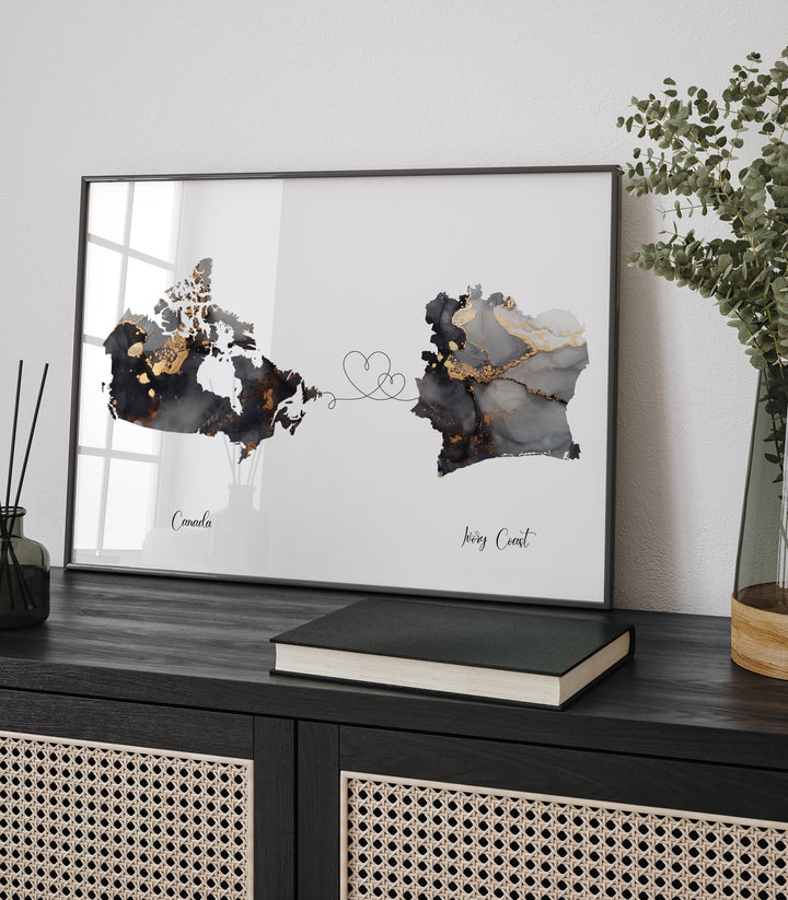 Canada and Ivory Coast Map Black & Gold Travel Wall Art Print | Canadian | Minimalist Decor | International Travel Art