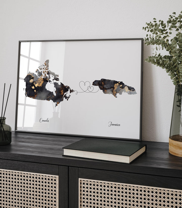 Canada and Jamaica Map Black & Gold Travel Wall Art Print | Canadian | Minimalist Decor | International Travel Art