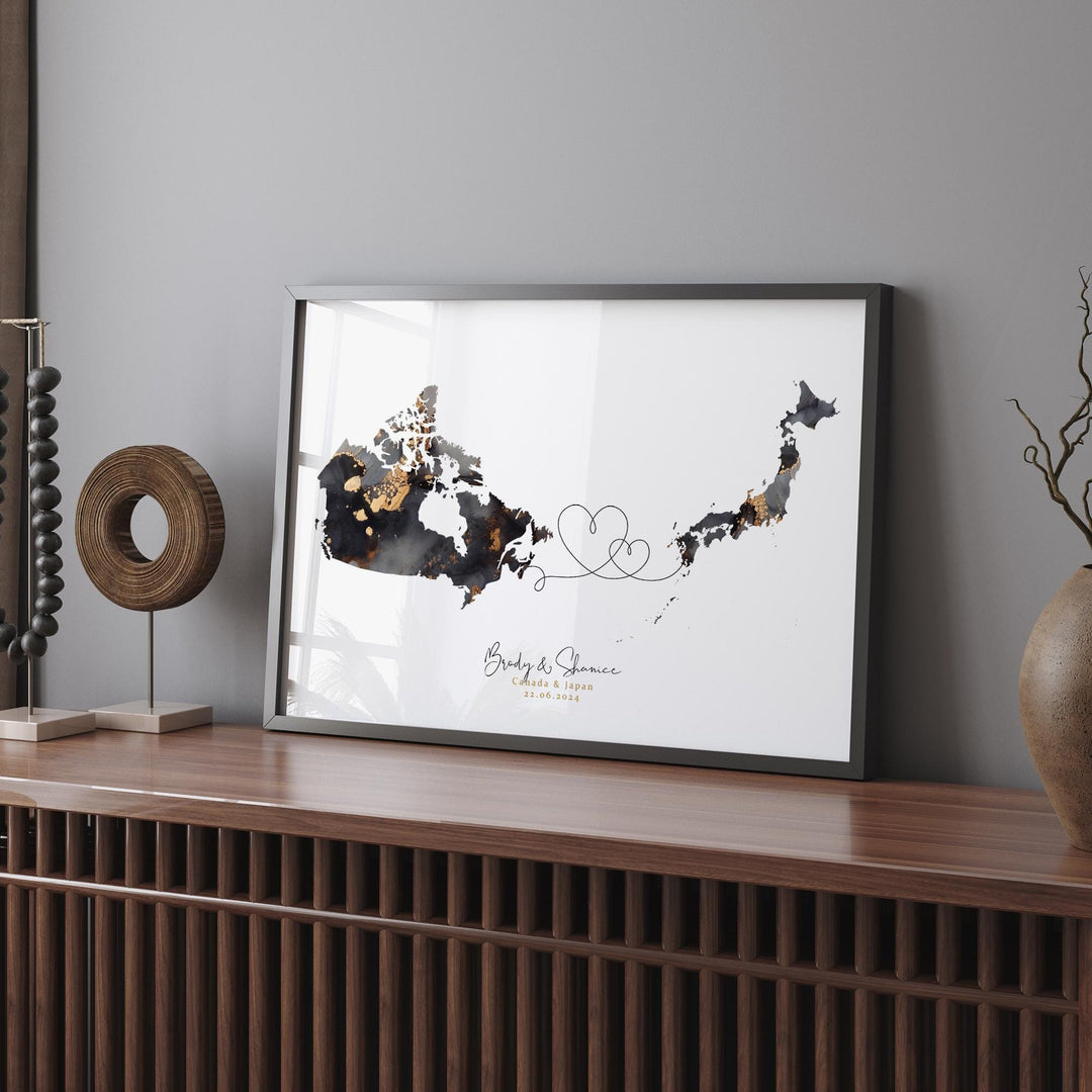 Canada and Japan Map Black & Gold Travel Wall Art Print | Canadian | Minimalist Decor | International Travel Art