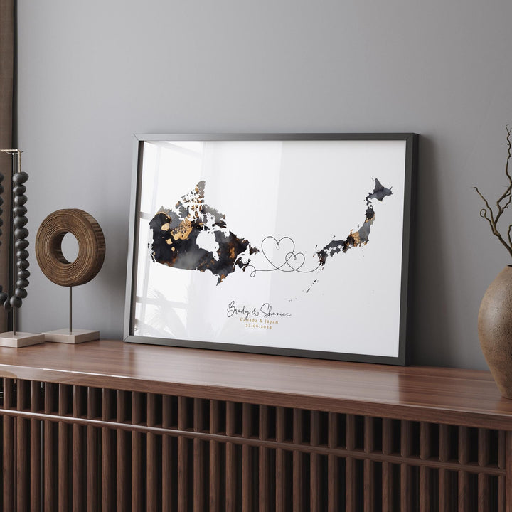 Canada and Japan Map Black & Gold Travel Wall Art Print | Canadian | Minimalist Decor | International Travel Art
