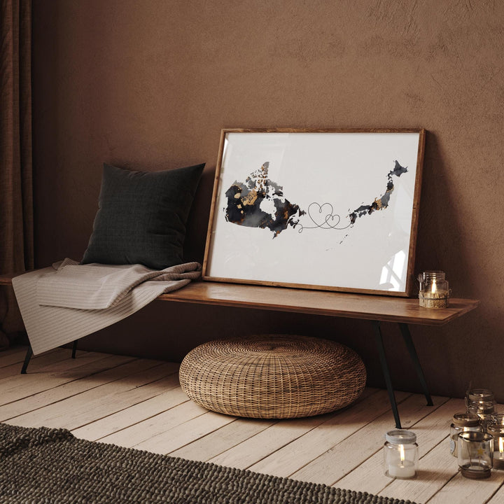 Canada and Japan Map Black & Gold Travel Wall Art Print | Canadian | Minimalist Decor | International Travel Art