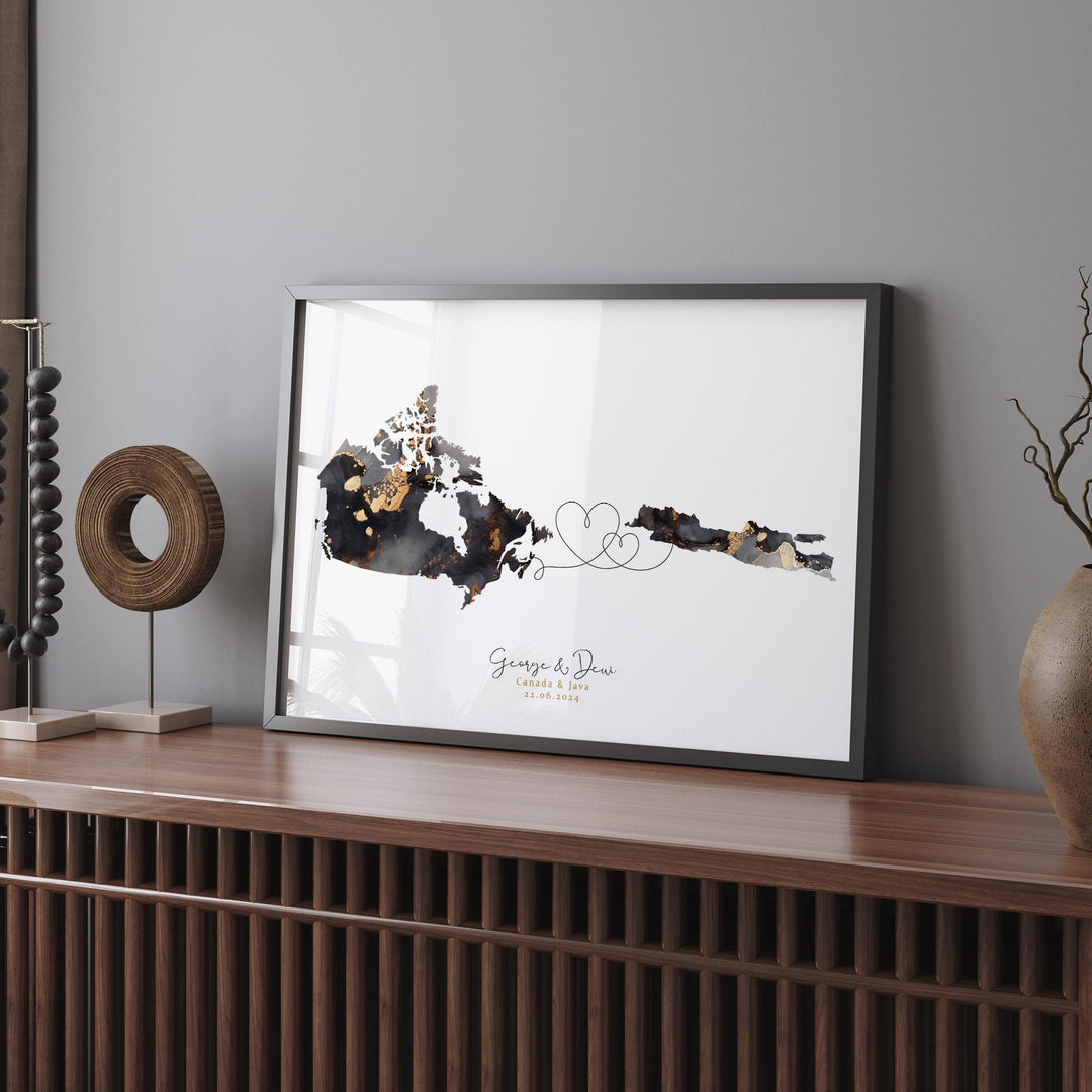 Canada and Java Map Black & Gold Travel Wall Art Print | Canadian | Minimalist Decor | International Travel Art