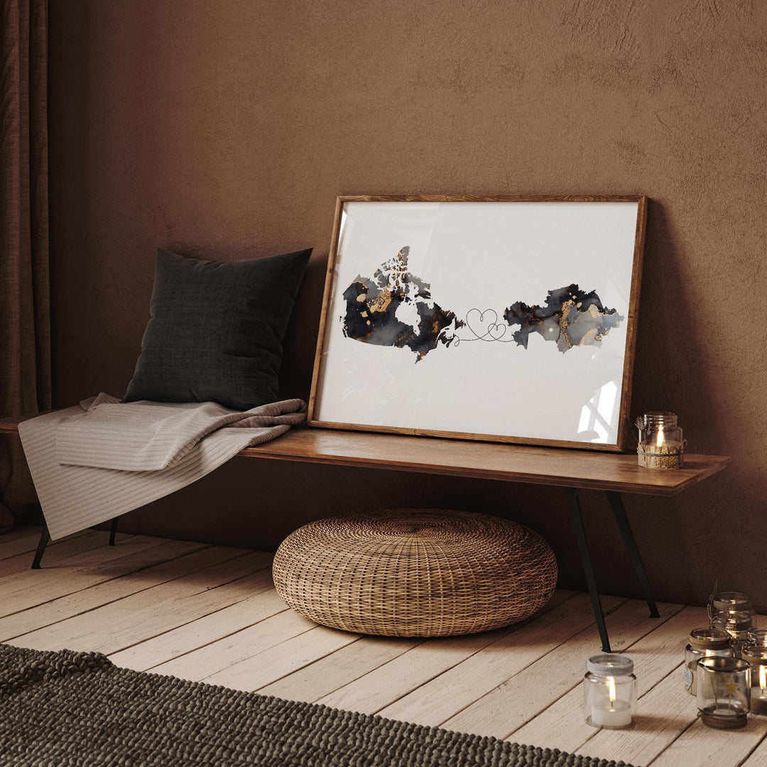 Canada and Kazakhstan Map Black & Gold Travel Wall Art Print | Canadian | Minimalist Decor | International Travel Art