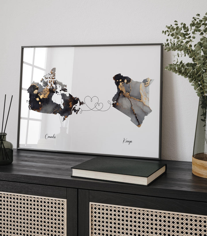 Canada and Kenya Map Black & Gold Travel Wall Art Print | Canadian | Minimalist Decor | International Travel Art