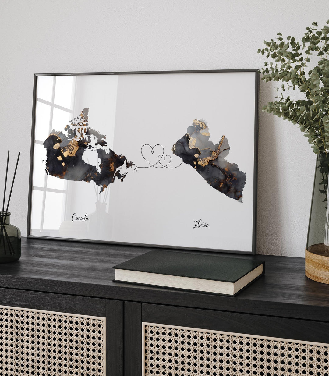 Canada and Liberia Map Black & Gold Travel Wall Art Print | Canadian | Minimalist Decor | International Travel Art