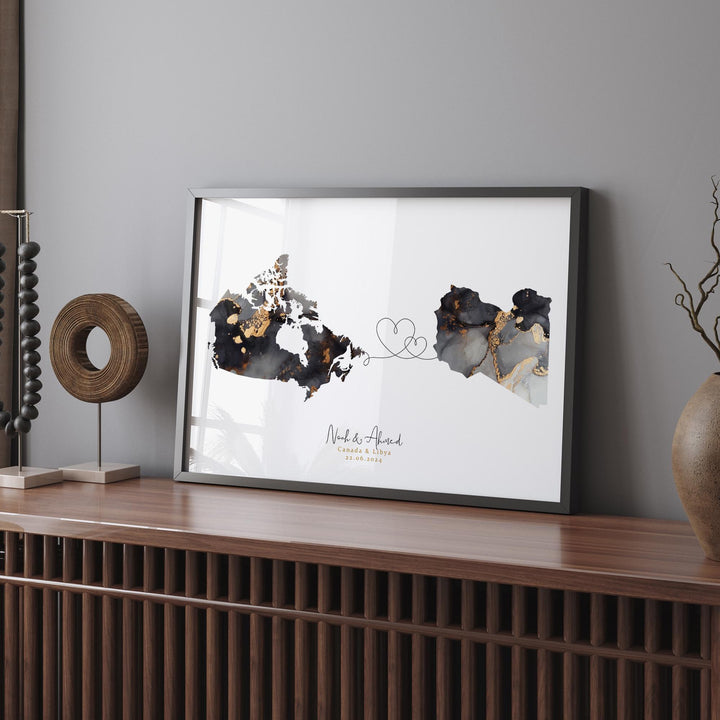 Canada and Libya Map Black & Gold Travel Wall Art Print | Canadian | Minimalist Decor | International Travel Art