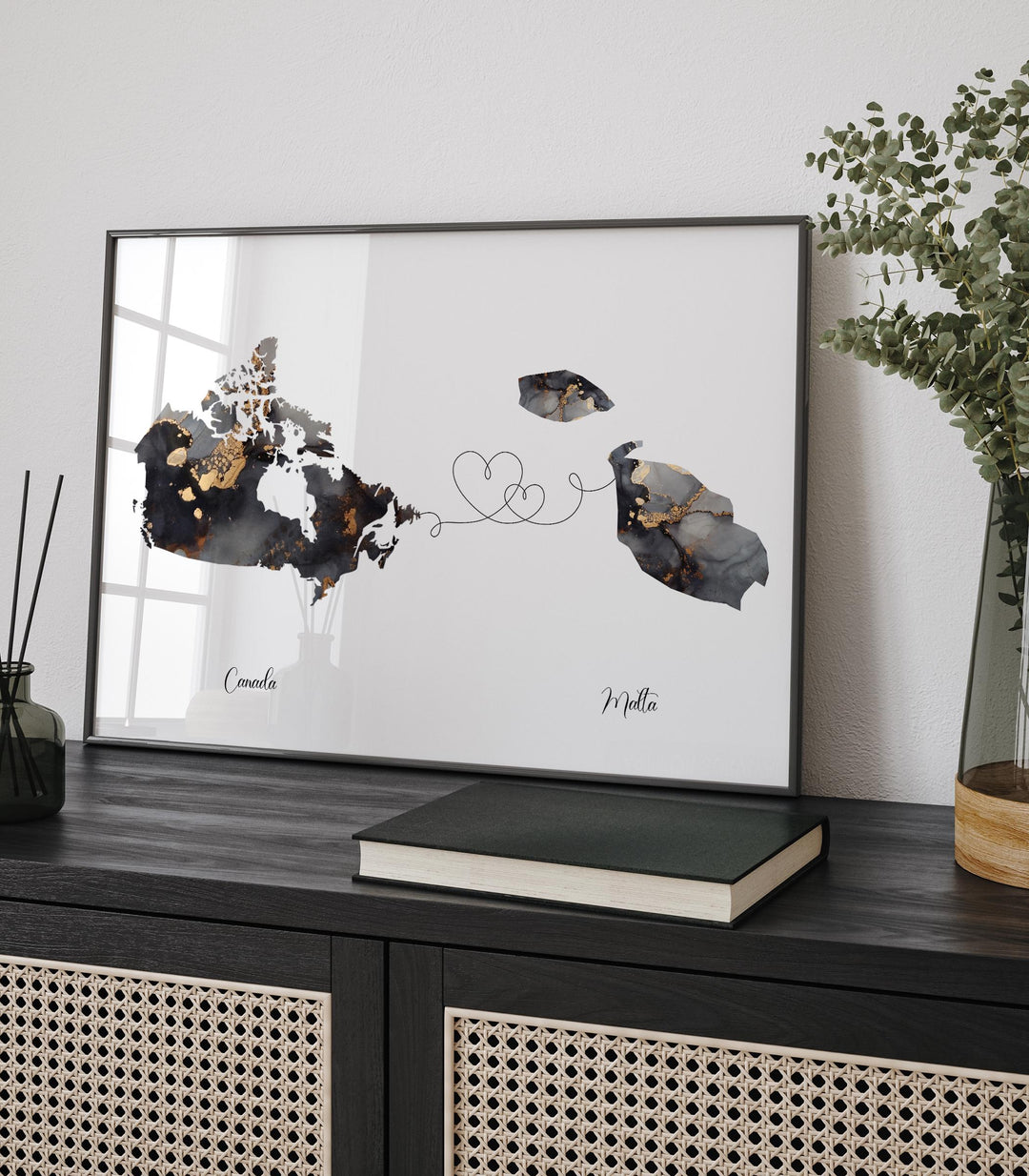 Canada and Malta Map Black & Gold Travel Wall Art Print | Canadian | Minimalist Decor | International Travel Art