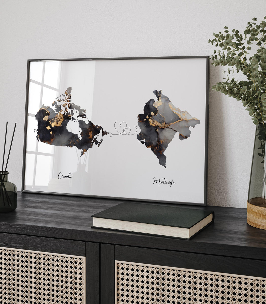 Canada and Montenegro Map Black & Gold Travel Wall Art Print | Canadian | Minimalist Decor | International Travel Art