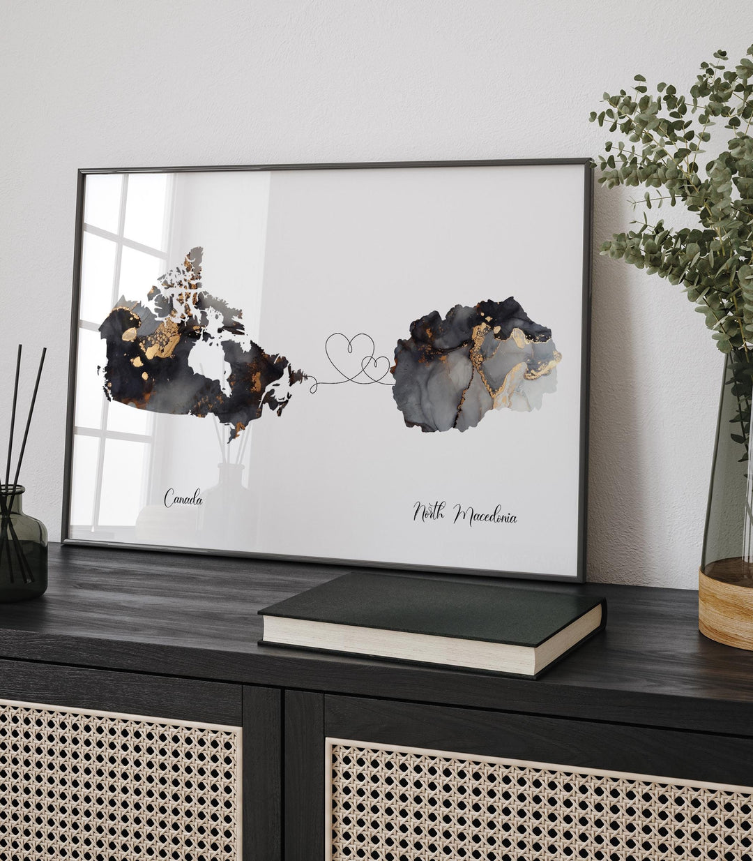 Canada and North Macedonia Map Black & Gold Travel Wall Art Print | Canadian | Minimalist Decor | International Travel Art