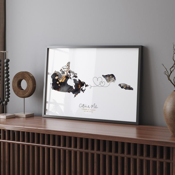 Canada and Samoa Map Black & Gold Travel Wall Art Print | Canadian | Minimalist Decor | International Travel Art