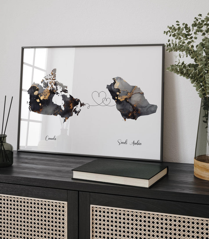 Canada and Saudi Arabia Map Black & Gold Travel Wall Art Print | Canadian | Minimalist Decor | International Travel Art