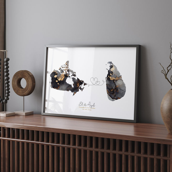Canada and Sri Lanka Map Black & Gold Travel Wall Art Print | Canadian | Minimalist Decor | International Travel Art
