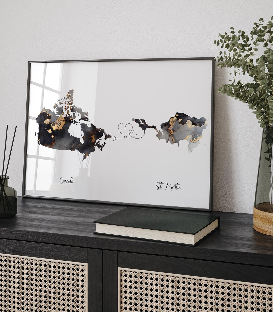 Canada and St Martin Map Black & Gold Travel Wall Art Print | Canadian | Minimalist Decor | International Travel Art