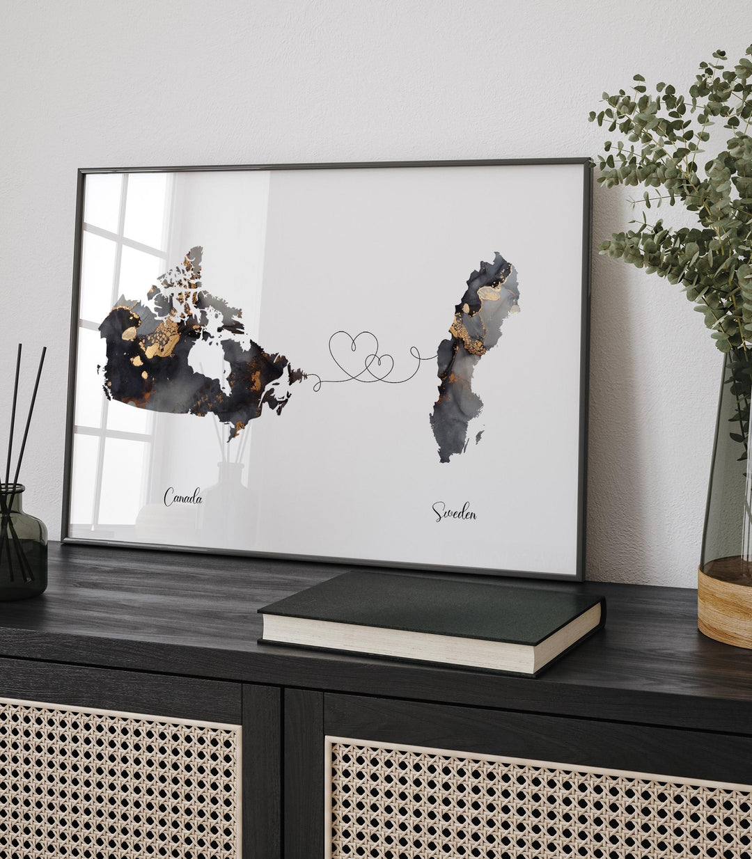 Canada and Sweden Map Black & Gold Travel Wall Art Print | Canadian | Minimalist Decor | International Travel Art