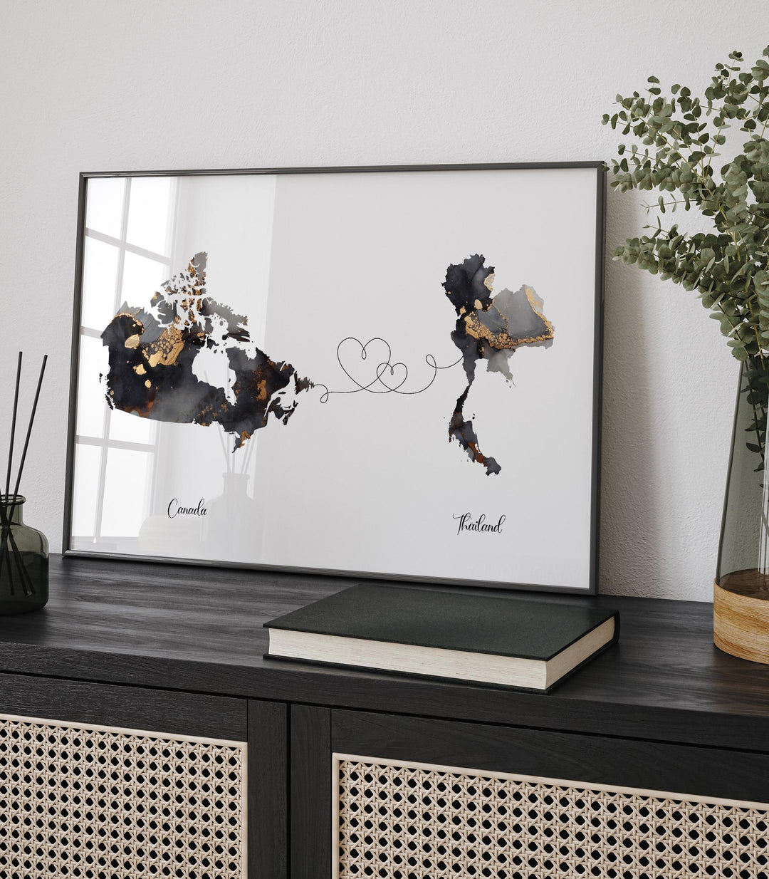 Canada and Thailand Map Black & Gold Travel Wall Art Print | Canadian | Minimalist Decor | International Travel Art