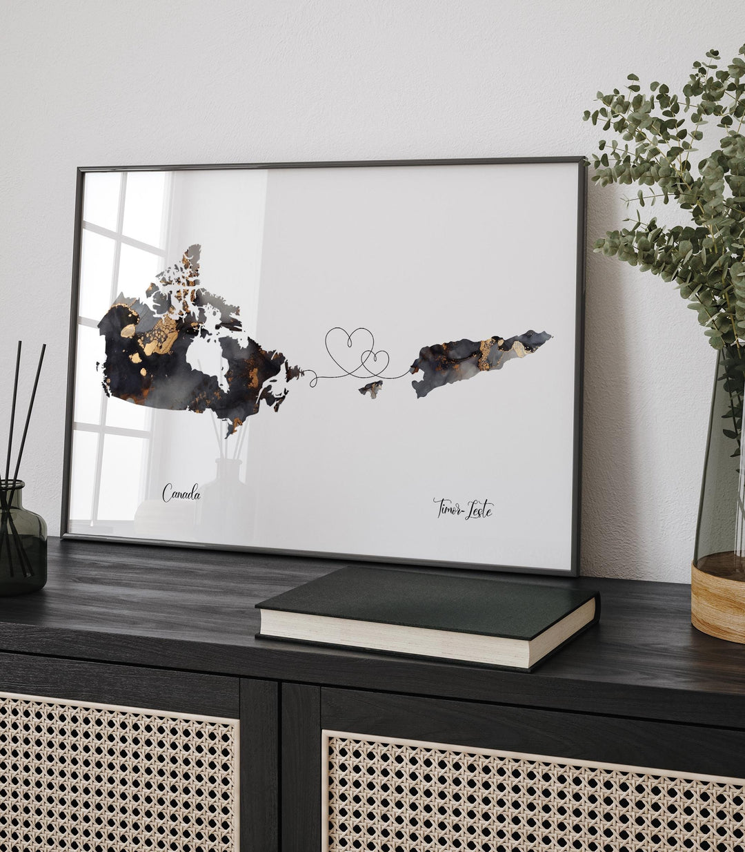Canada and Timor-Leste Map Black & Gold Travel Wall Art Print | Canadian | Minimalist Decor | International Travel Art