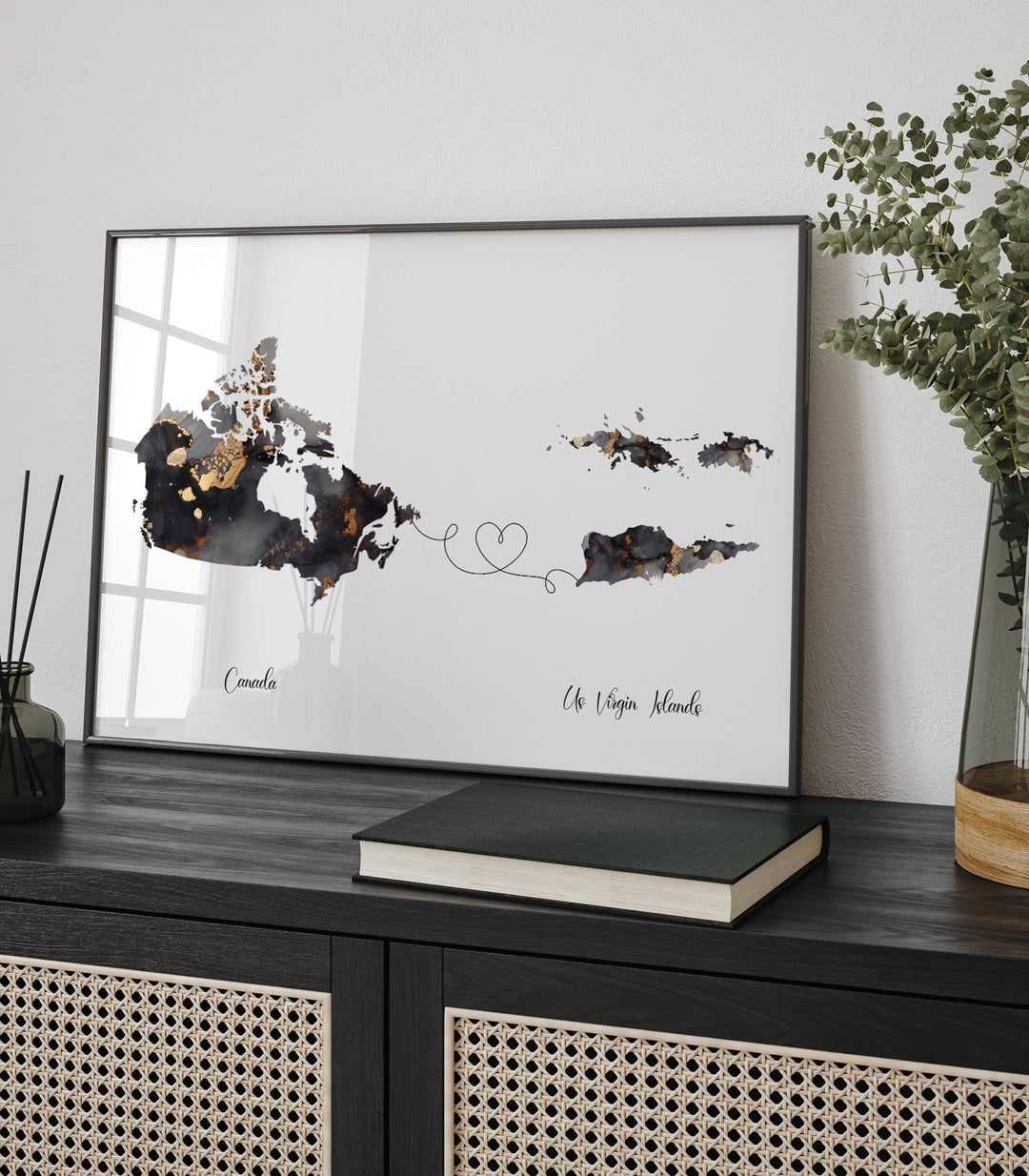 Canada and US Virgin Islands Map Black & Gold Travel Wall Art Print | Canadian | Minimalist Decor | International Travel Art