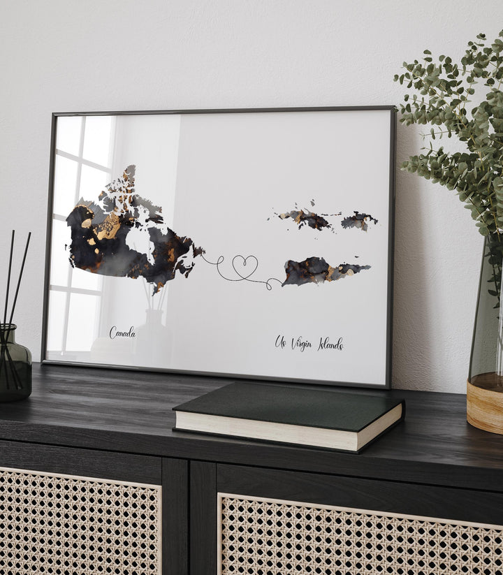 Canada and US Virgin Islands Map Black & Gold Travel Wall Art Print | Canadian | Minimalist Decor | International Travel Art