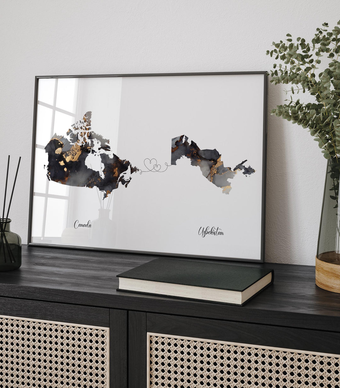 Canada and Uzbekistan Map Black & Gold Travel Wall Art Print | Canadian | Minimalist Decor | International Travel Art