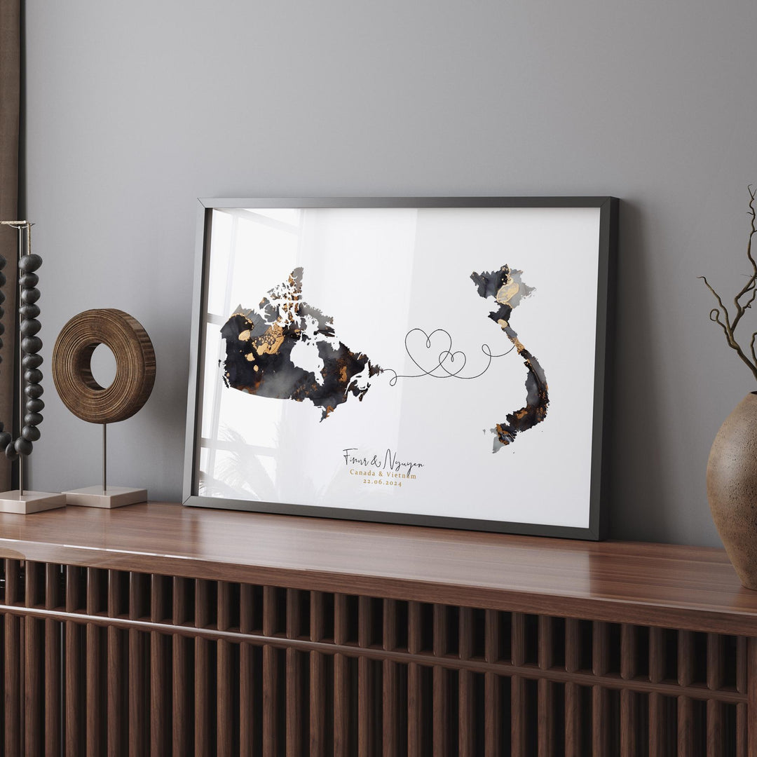 Canada and Vietnam Map Black & Gold Travel Wall Art Print | Canadian | Minimalist Decor | International Travel Art