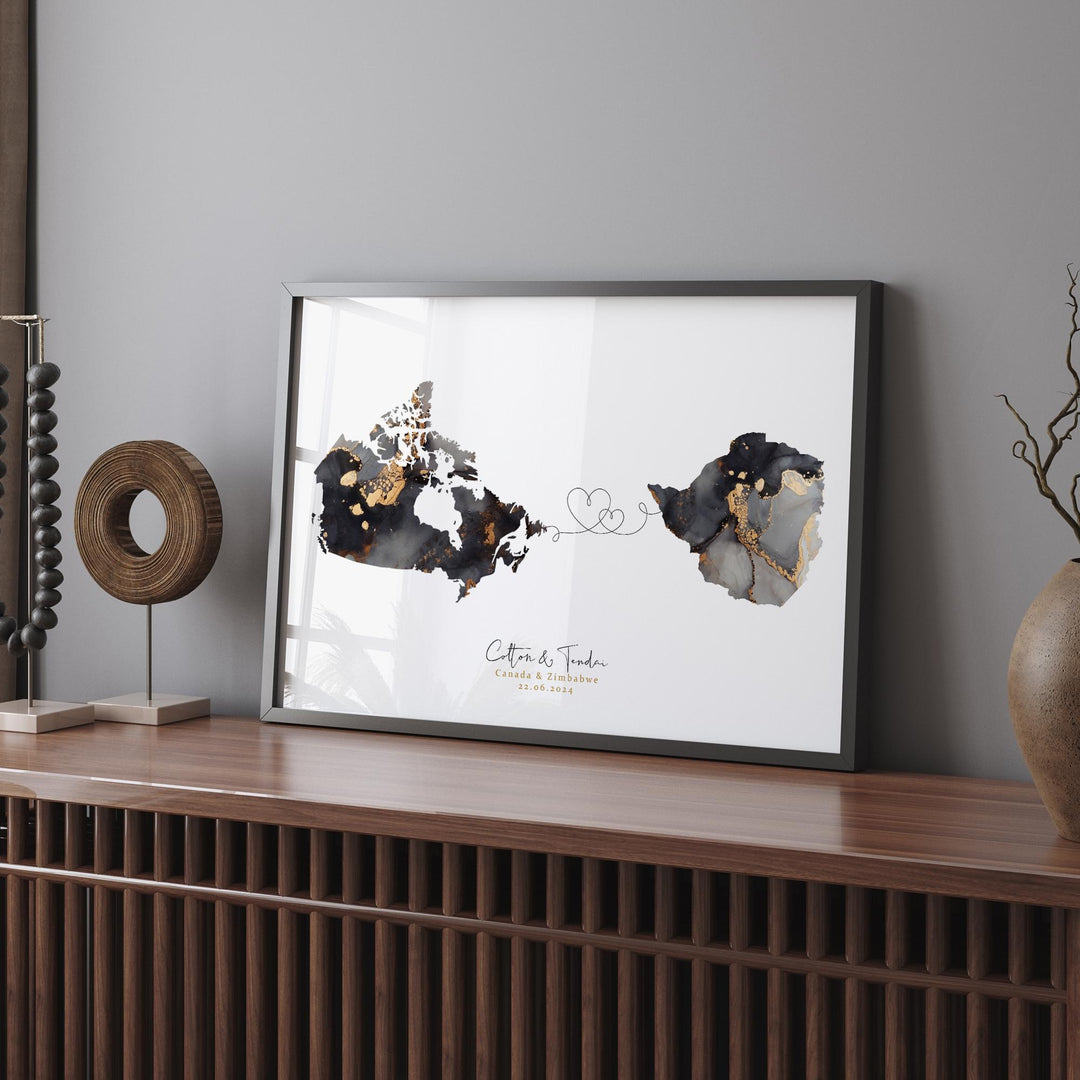 Canada and Zimbabwe Map Black & Gold Travel Wall Art Print | Canadian | Minimalist Decor | International Travel Art