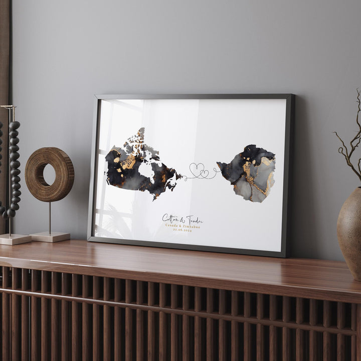 Canada and Zimbabwe Map Black & Gold Travel Wall Art Print | Canadian | Minimalist Decor | International Travel Art