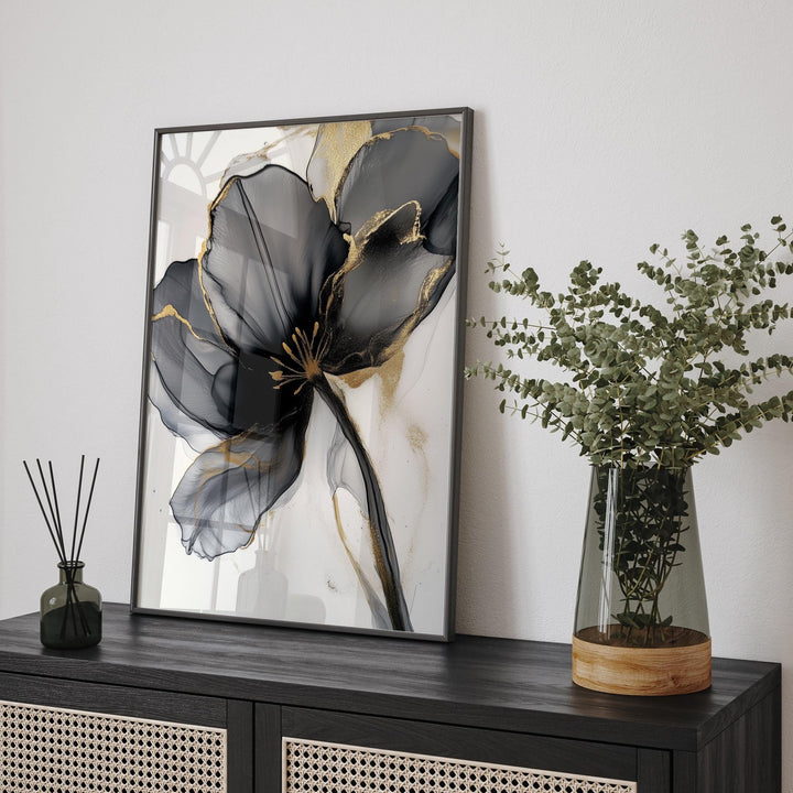 Black & Gold Flower Wall Art Print | Botanical Painting Wall Decor | Perfect for Bedroom or Entryway