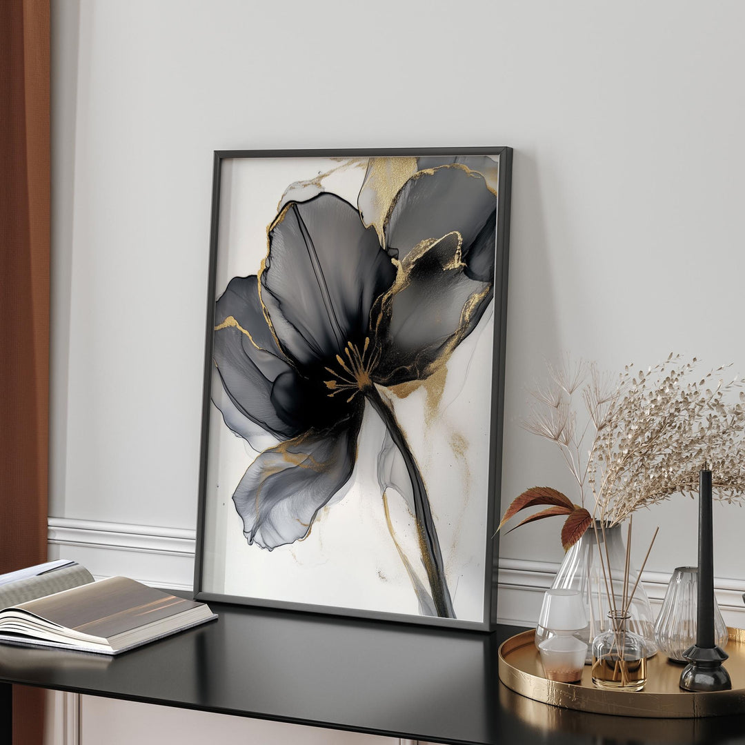 Black & Gold Flower Wall Art Print | Botanical Painting Wall Decor | Perfect for Bedroom or Entryway