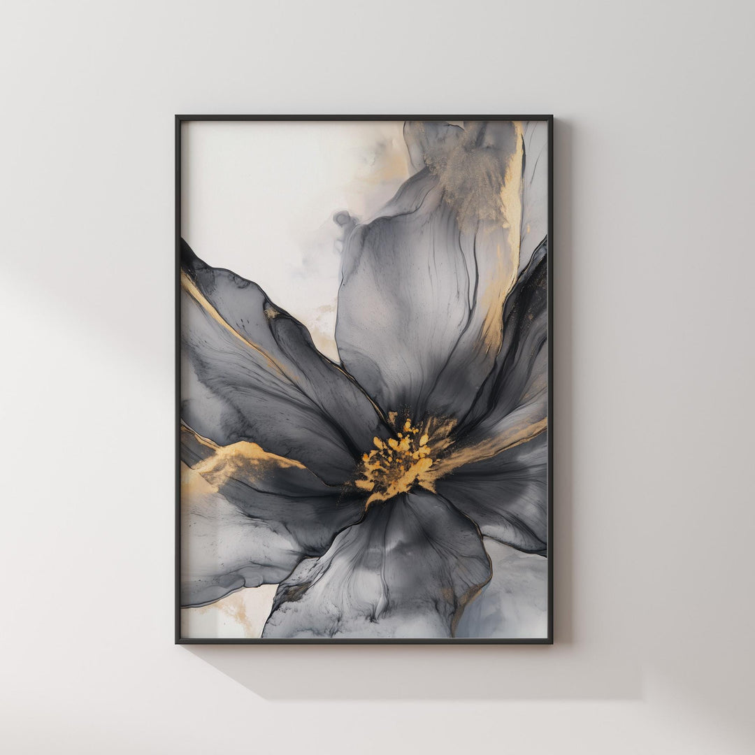 Black and Gold Flower Wall Art | Floral Print | Modern Botanical Decor for Living Room