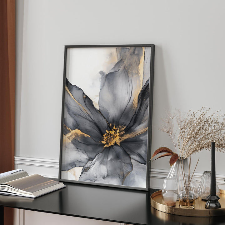 Black and Gold Flower Wall Art | Floral Print | Modern Botanical Decor for Living Room