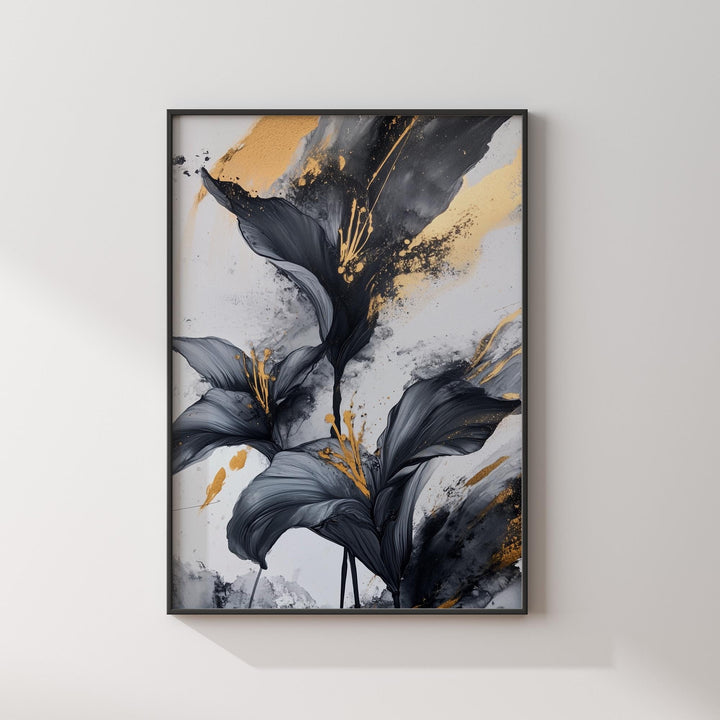 Black & Gold Petal Flower Art Print | Black and Gold Floral Wall Art | Stylish Home Decor for Bedroom