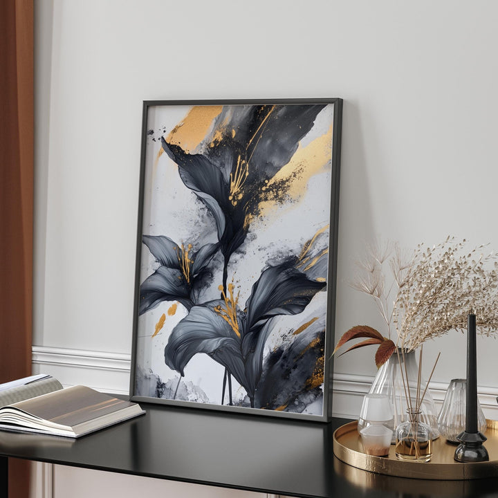 Black & Gold Petal Flower Art Print | Black and Gold Floral Wall Art | Stylish Home Decor for Bedroom