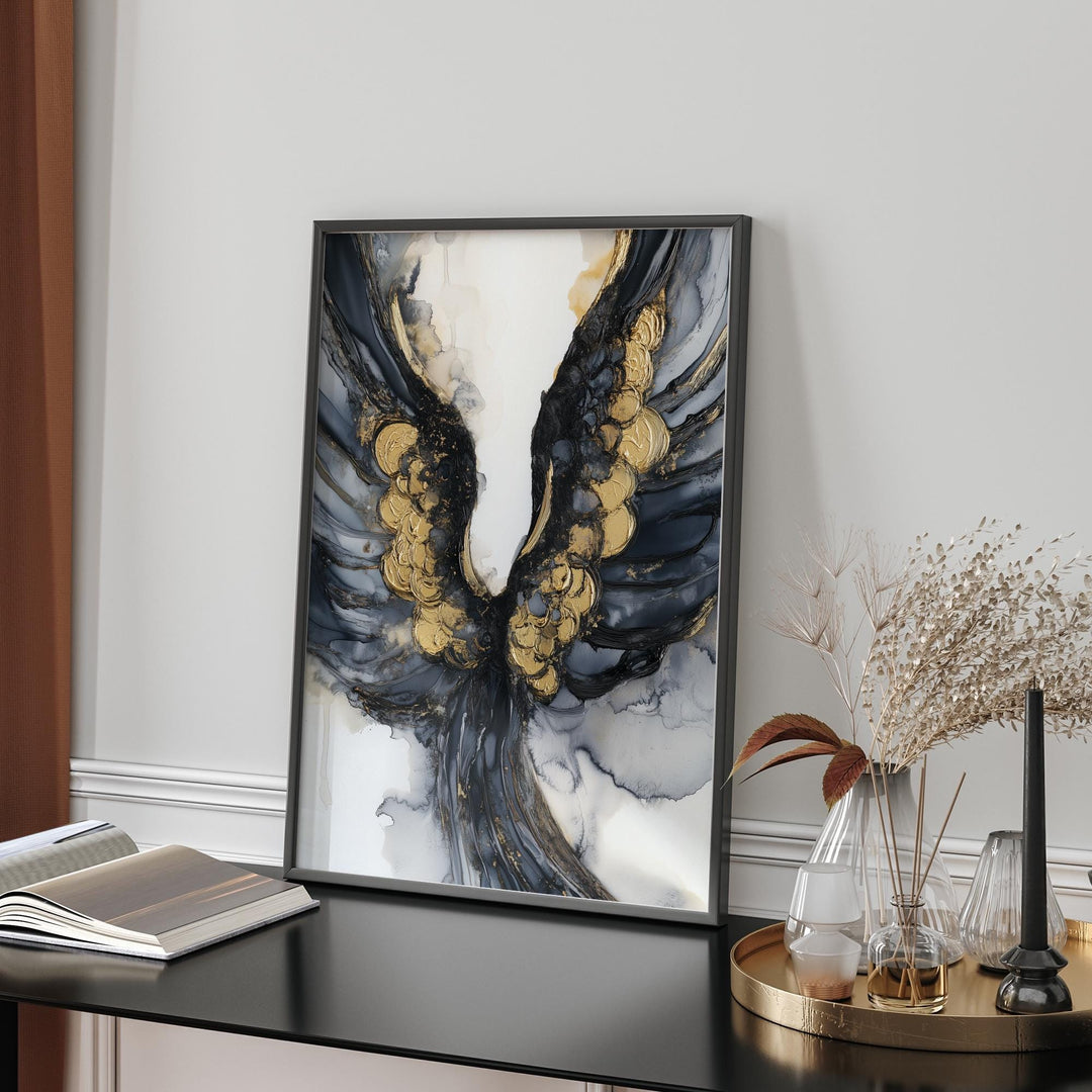 Black and Gold Angel Wings Art | Luxurious Spiritual Wall Print | Stylish Decor for Any Room