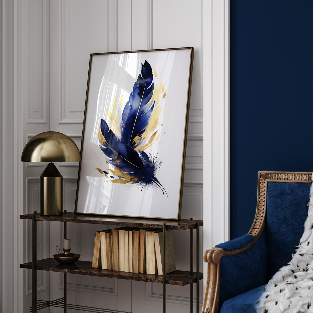 Blue and Gold Feather Art Print | Abstract Nature Wall Art | Luxury Decor for Living Room