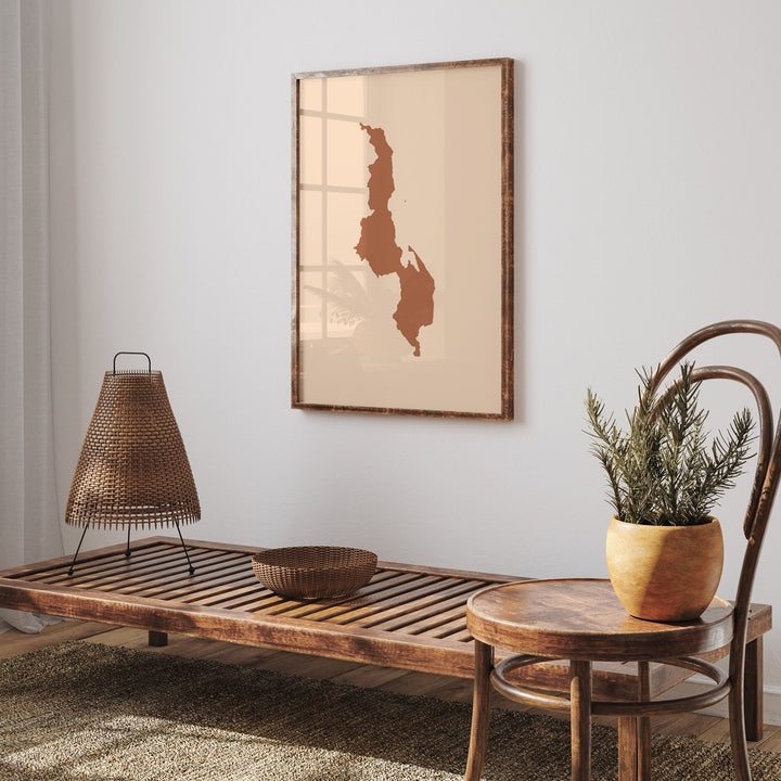 Malawi Map Boho Wall Art Print Mid Century Travel Poster