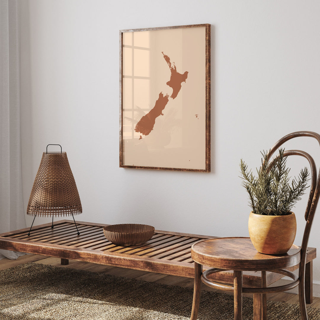 New Zealand Map Boho Wall Art Print Mid Century Travel Poster