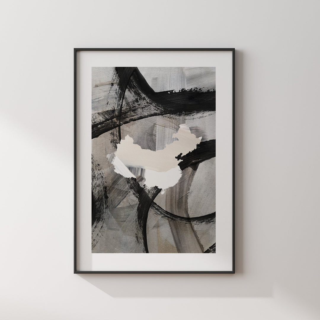 China Map | Black & Grey Abstract Painting Map of China Wall Art Print | China Traval Poster