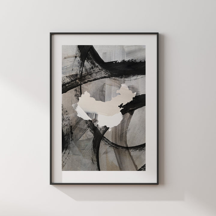 China Map | Black & Grey Abstract Painting Map of China Wall Art Print | China Traval Poster