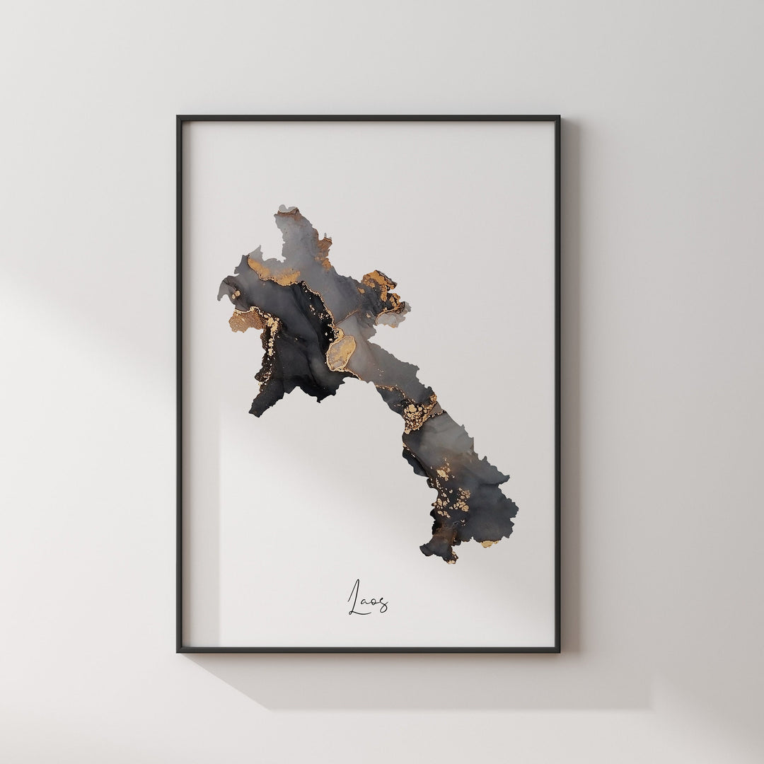 Laos Map Black & Gold Wall Art Print [EV]
