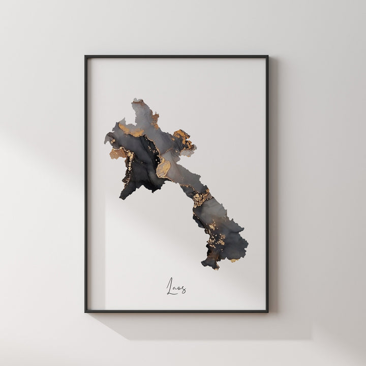 Laos Map Black & Gold Wall Art Print [EV]