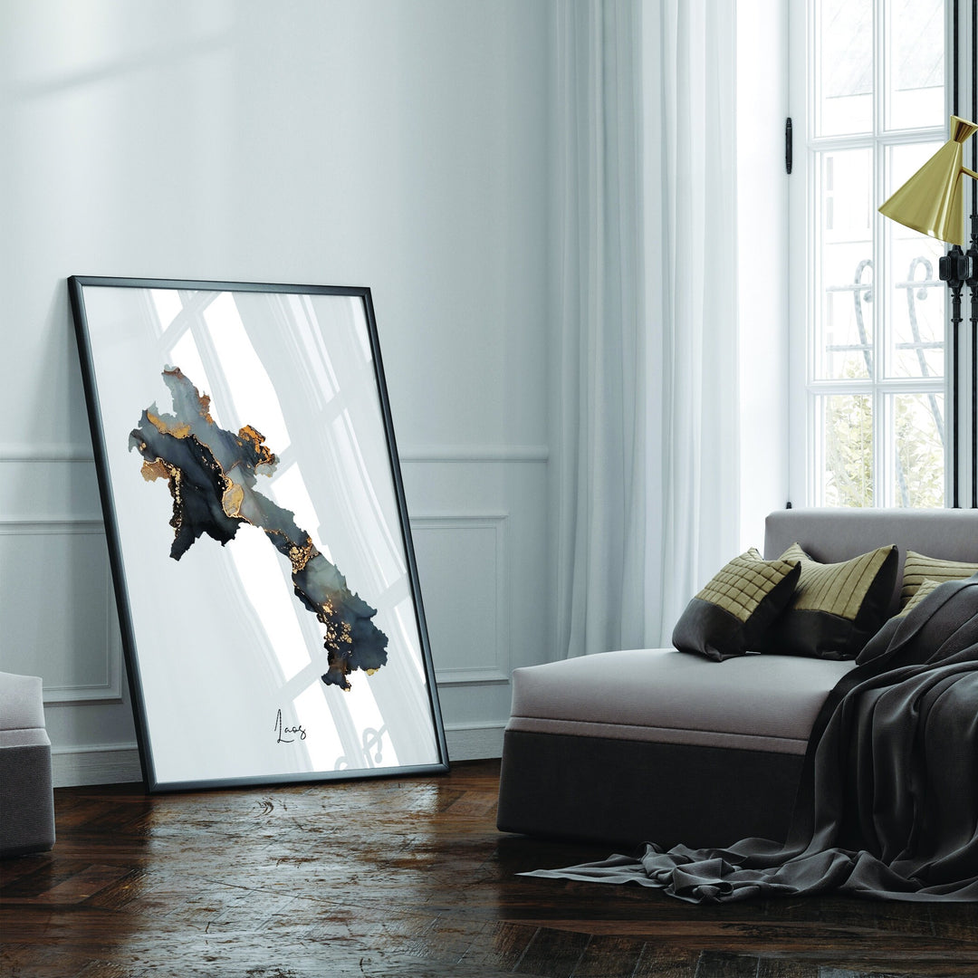 Laos Map Black & Gold Wall Art Print [EV]