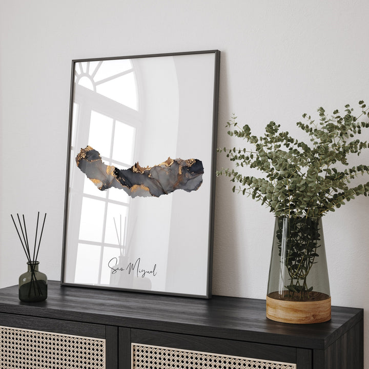 Sao Miguel Map Black & Gold Wall Art Print