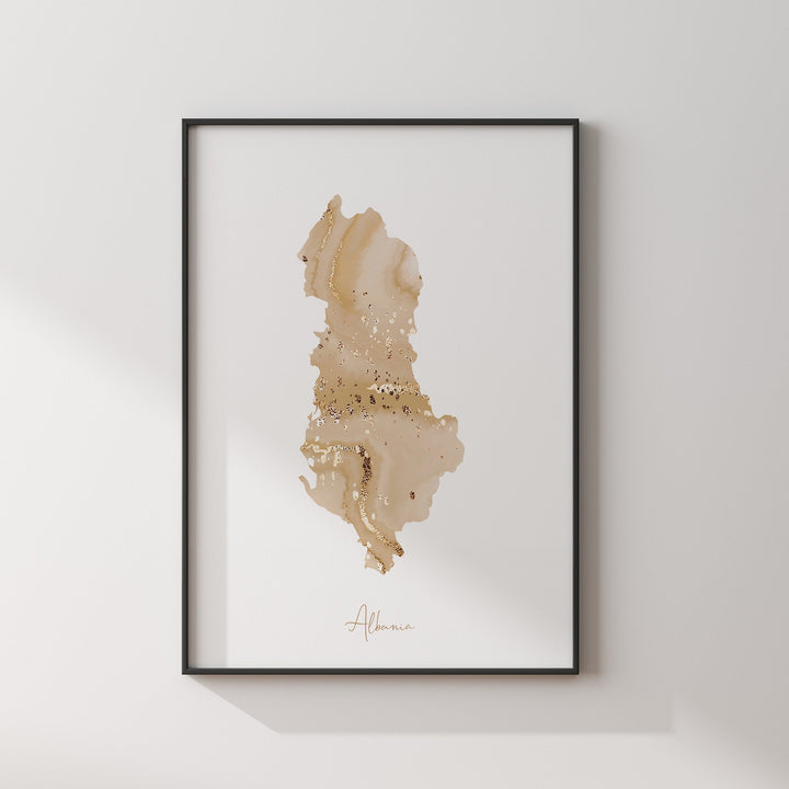 Albania Map Beige & Gold Wall Art Print