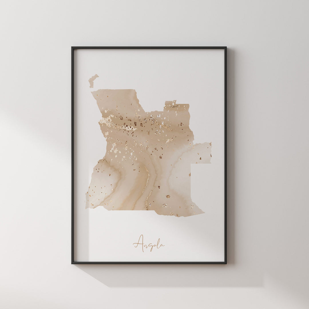 Angola Map Beige & Gold Wall Art Print