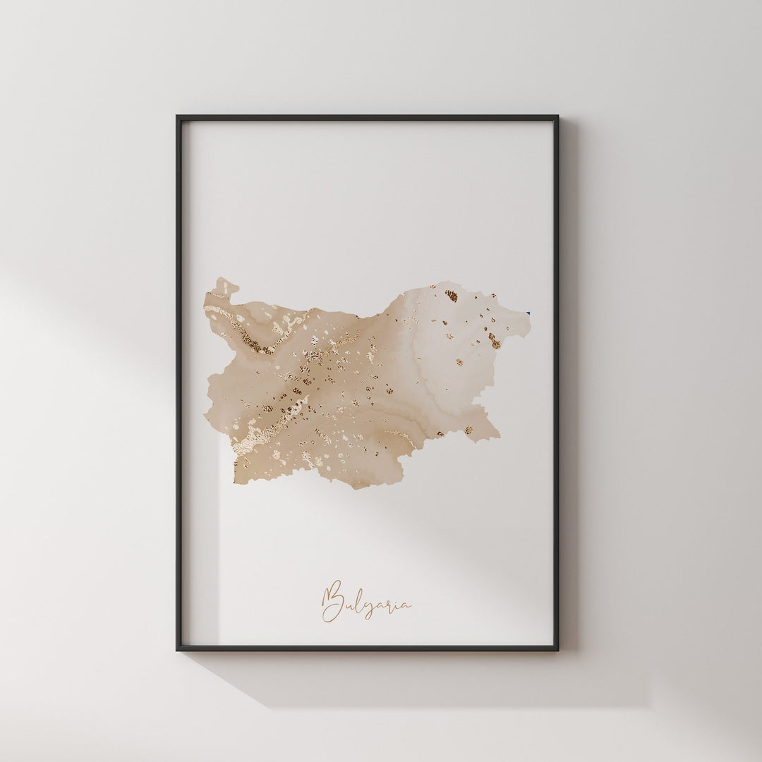 Bulgaria Map Beige & Gold Wall Art Print