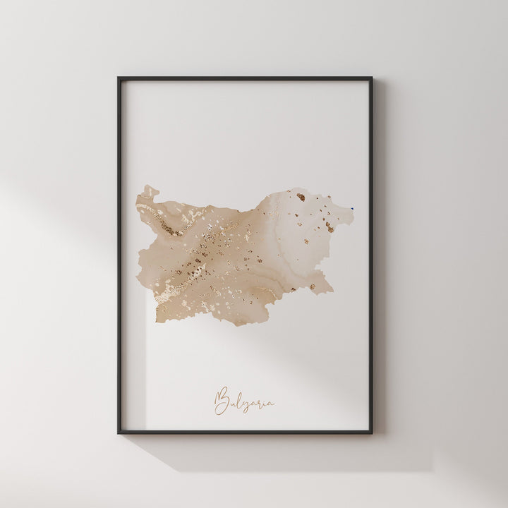 Bulgaria Map Beige & Gold Wall Art Print